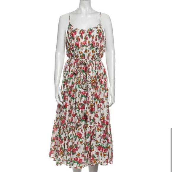 RHODE Lea Gathered Cotton Poplin Tiered Tie-Waist Midi Dress Floral White Dazzle - Picture 2 of 13